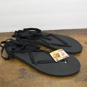 NEW Sseko Designs Black Sandals Base 12 Flats Ribbon Lace Up Strap Casual Shoes